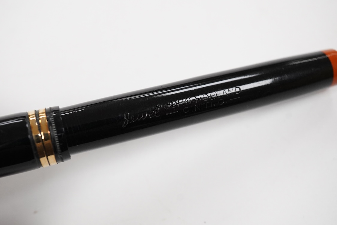 John Holland 'Jewel' fountain pen, lever fill model with gold filled cartouche on back of cap